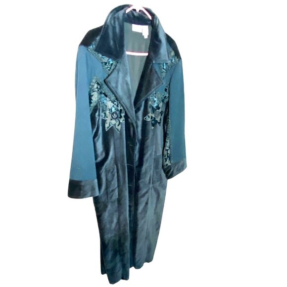 Vintage 1970s Newport News Boho Deep Teal Blue Velvet & Floral Embroidered Coat - Picture 3 of 12